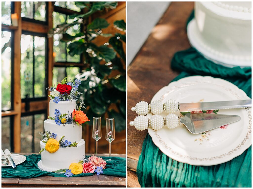 wedding cake with colorful flowers at Kali and Davis’s Wildflower Farm wedding reception in Friendsville, Tennessee