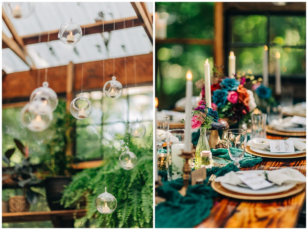 Long farmhouse table set for Kali and Davis’s wedding dinner at Wildflower Farm in Friendsville