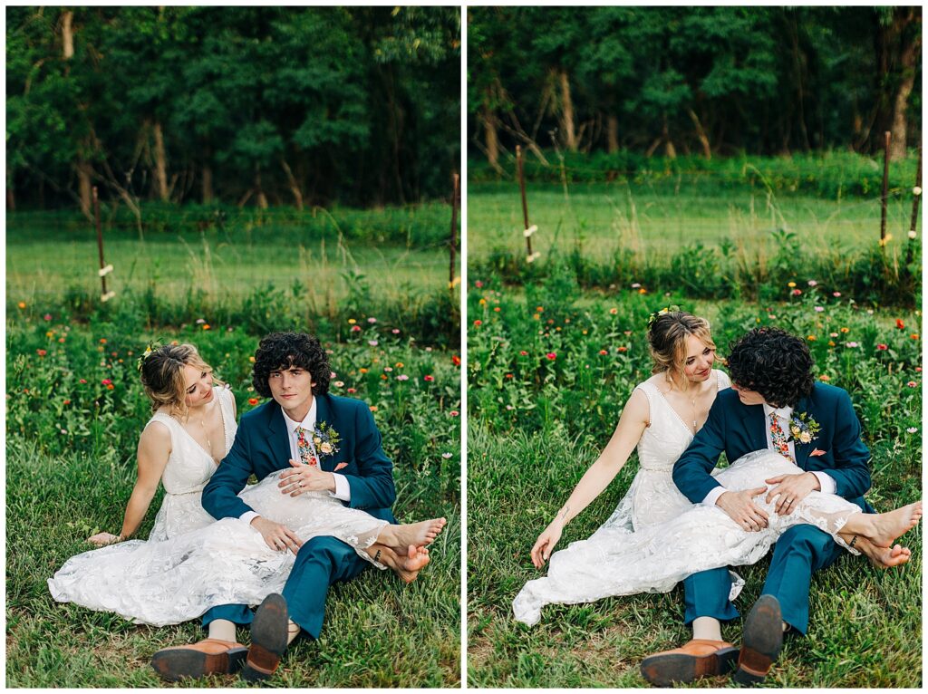 Bride and groom smiling at each other in the wildflower field at Wildflower Farm in Friendsville, Tennessee
