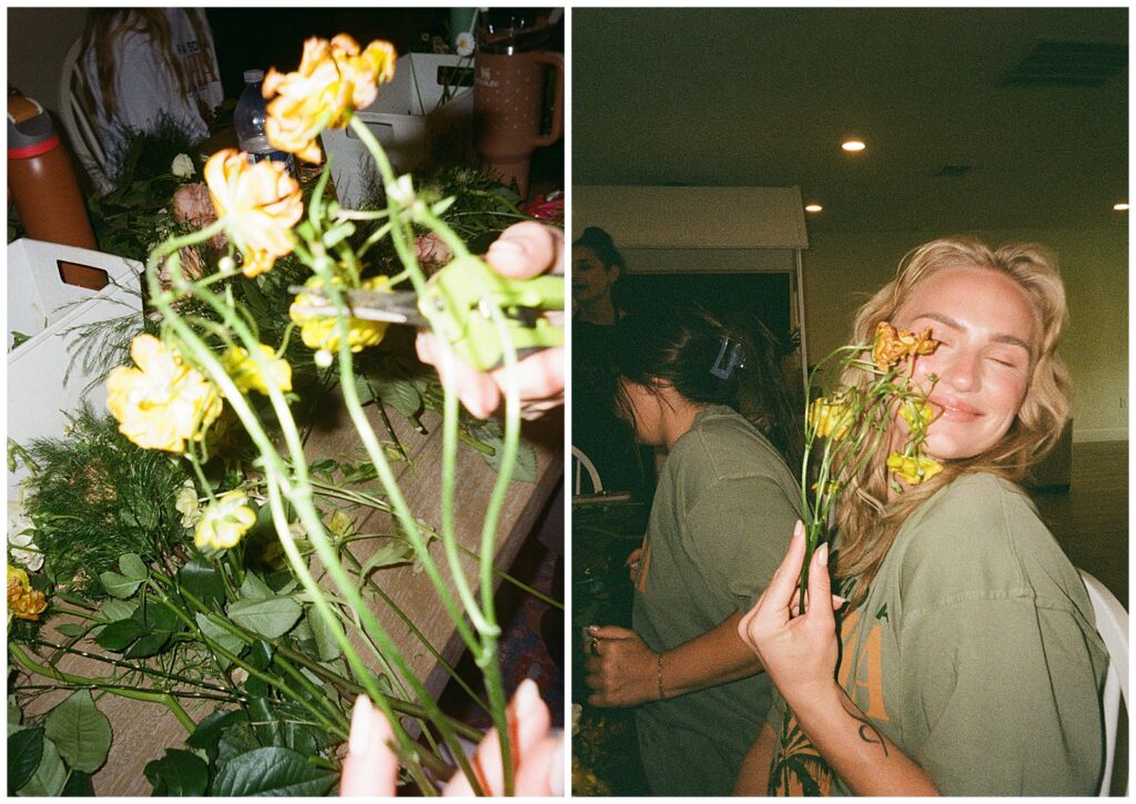 Bridal party enjoying diy flower bar to make bouquets for wedding during the wedding weekend celebration